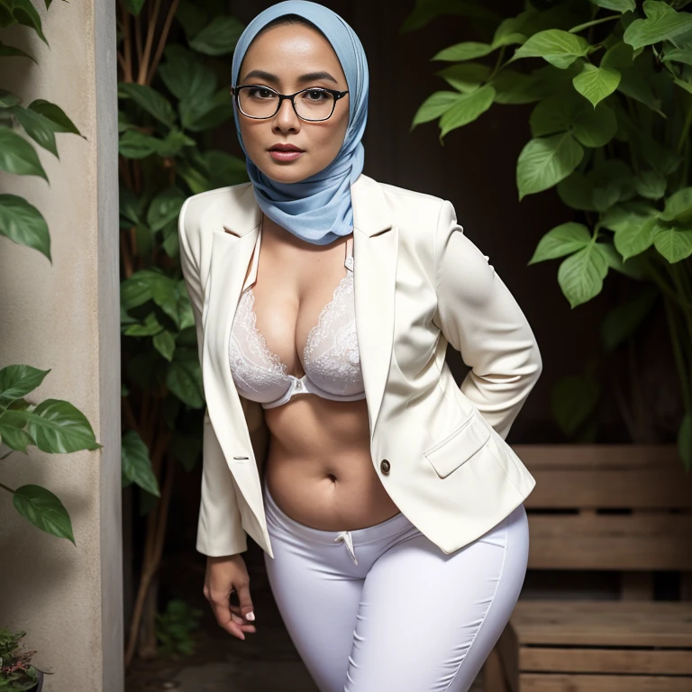 56 Years Old, ((Beautiful Hijab Nerdy Indonesian Mature woman)), White Porcelain skin, (Huge Tits) Curvy body, wearing Blazer, ((Tight Unbuttoned Blazer)), ((Strap Bra)), (Curvy Body), Full body shot, Professional Photoshot, Professional High Lightning, At Daytime, Light Colour, 7560P, Canon EOS 250D, 128K UHDR Best Quallity