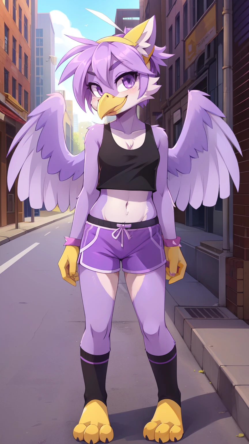 score_9,score_8_up,score_7_up, source_cartoon, source_furry, Furry girl, bird, yellow bird beak, lilac hair, short spiky hairstyle, short spiky ponytail, anime style, small breasts, purple eyes, big eyebrows, animal ears, ((yellow headband with ribbon, black tank top, midriff, lilac swim trunks, black pedal socks)), high quality, detailed body, detailed eyes, detailed face, masterpiece, glistening body, detailed body fur, best quality, clear purple body fur, skinny, back avian wings, avian, detailed hands, perfect lighting, perfect shadows, perfect eyes, perfect hair, perfect face, gorgeous body, full body, ((yellow feets, feets with three toes, 3 toes, yellow hands)), smirk, street, clear sky, standing,