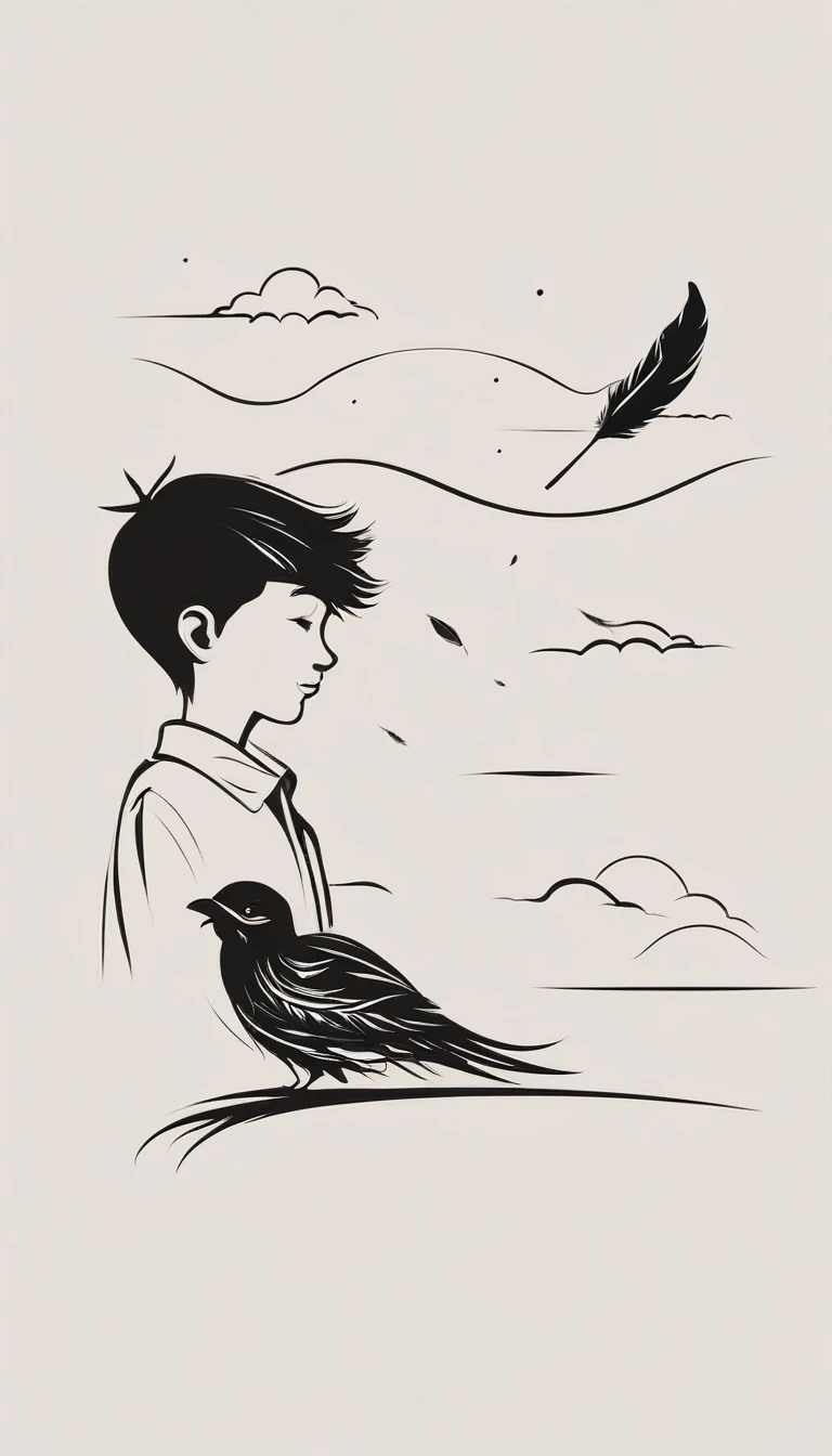 Create a minimal, modern, simple, inspirational, memorable, dream like logo design of a boy and a feather for the brand “Penamemoria".