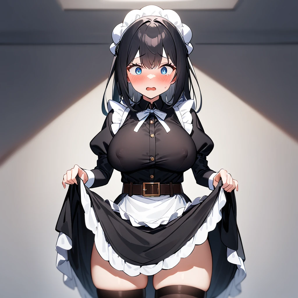 1girl,(Surprise:1.3),Covered nipples,black hair,light blue eyes,flustered,(black-dress),(pov crotch:1),Embarrassed,big breast,maidapron,(White mob cap),puffy_sleeves,maid_apron, belt,thighhighs,masterpiece, best quality, very aesthetic, absurdres,(dress lift:1.5),(straight-on),(no Panties)