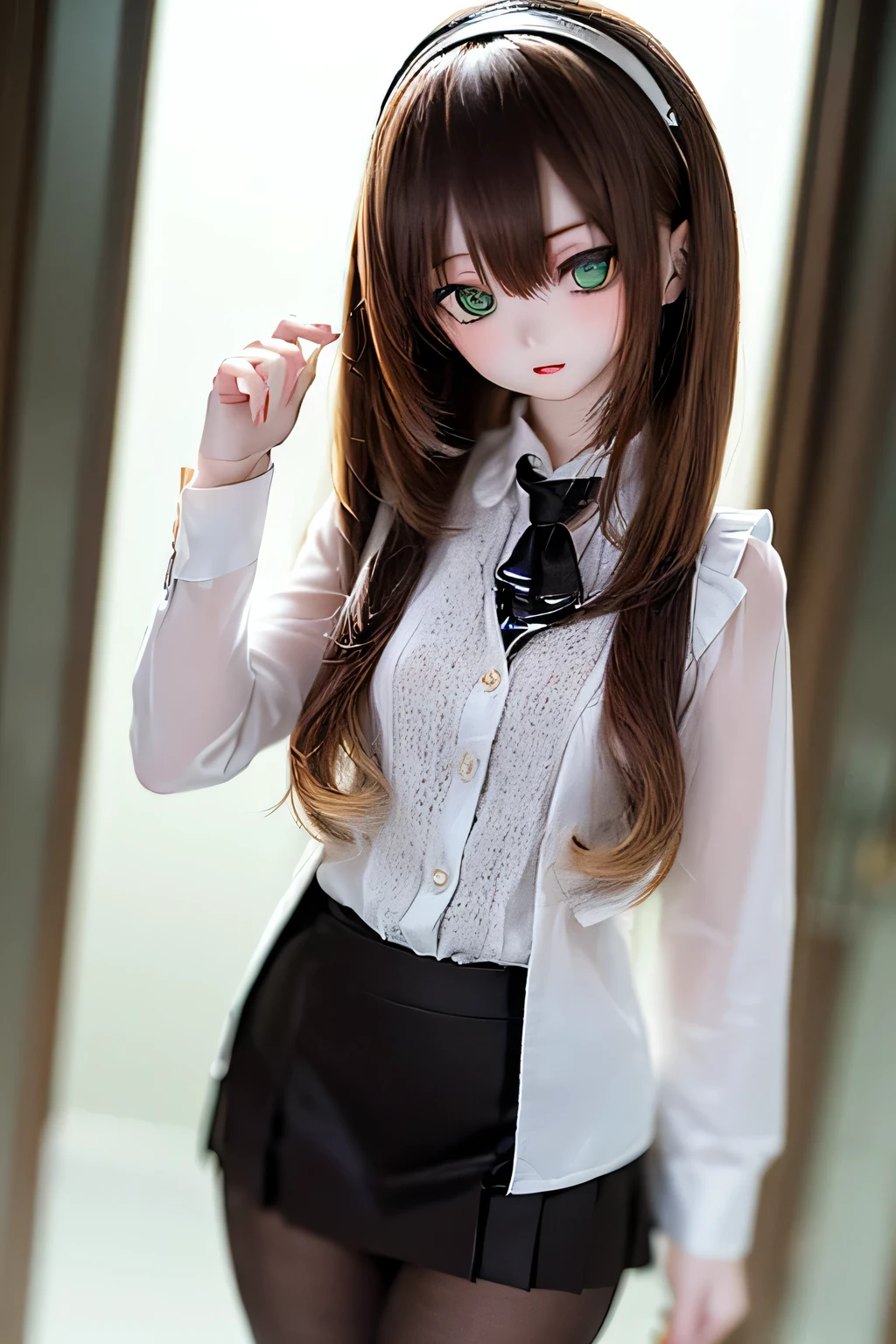 (SFW:2), photorealistic, realistic photo, 8k, ((highest quality)), ((masterpiece)), (extremely detailed), kukolnydom, doll, (mature woman, 21yo, 21 years old, solo:1.6), ((cowboy shot, dynamic pose, slim, slender, skinny, medium breasts, hairband, ascot, vest, blouse, long puff sleeves, pleated skirt, black pantyhose)), (green eyes, brown hair, long hair, plastic skin, looking at another, glass eyes, gradient eyes, shining eyes, detailed eyes:1.3)