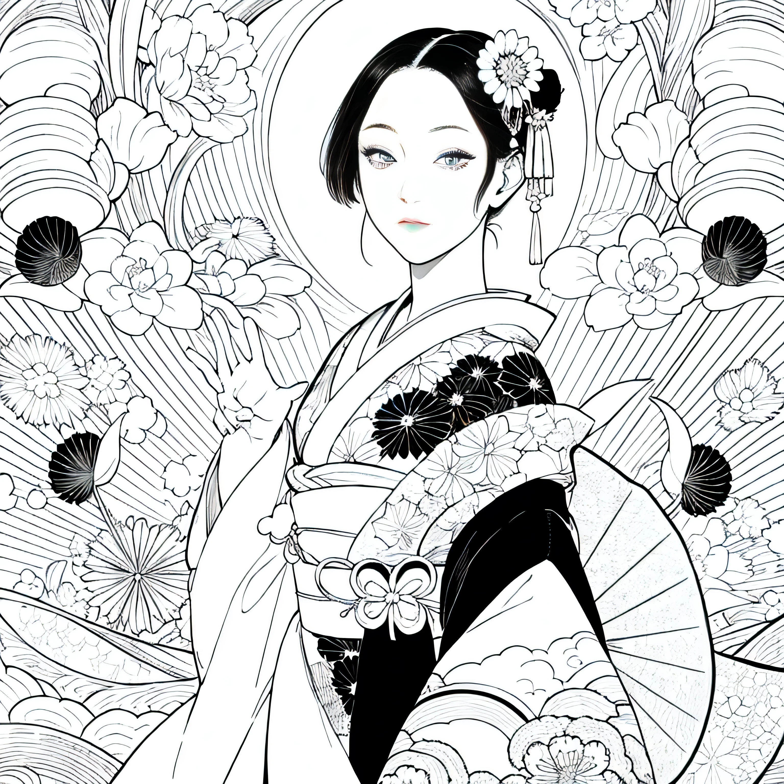 Create images inspired by the beauty of Japanese Ukiyo-e, With delicate lines, Focus on patterns and composition. kimono white,kaleidoscope background,Black and White