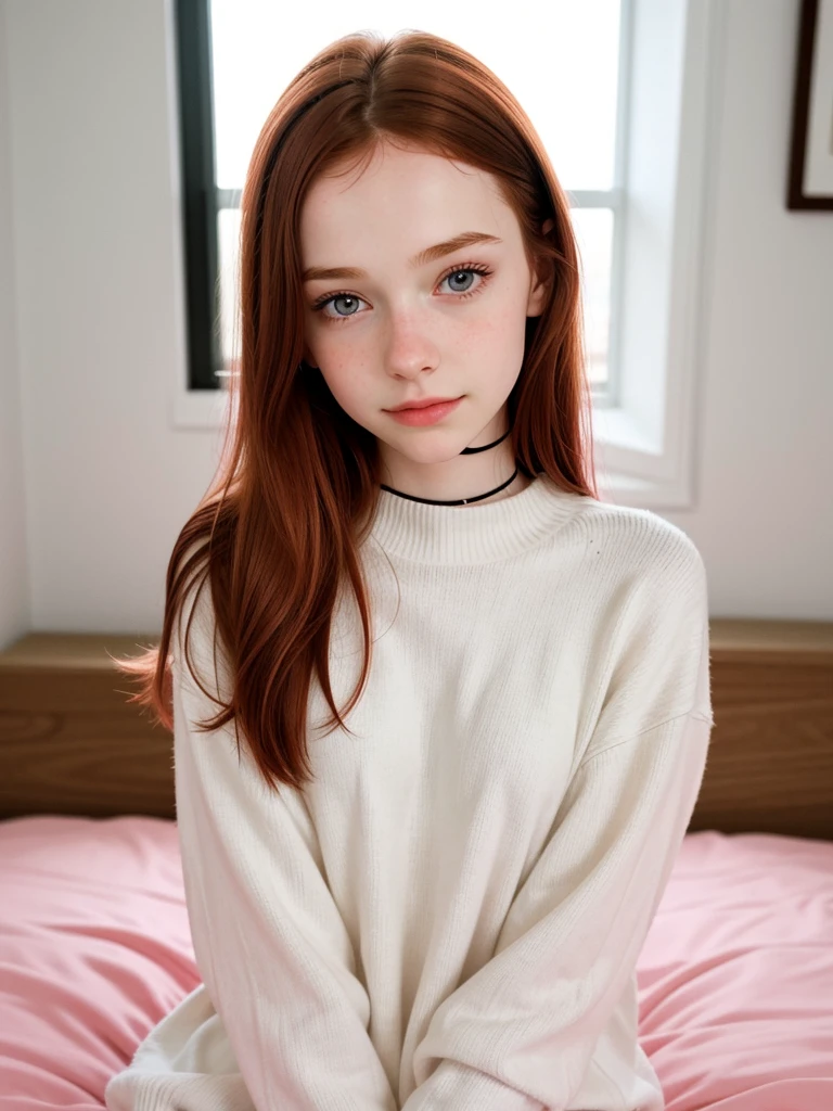 raw photo,(13yo skinny redhead girl:1.2), ((most cute in world girl)), blushing, graphic eyeliner, rouge, (lipstick:0.6), (choker:0.9), realistic skin texture, oversize knit sweater, (red:0.8), softcore, warm lighting, cosy atmosphere, instagram style, nsfw , naive, shy, short, thin, fit, beautiful, cute, pale skin, just a little smile.
