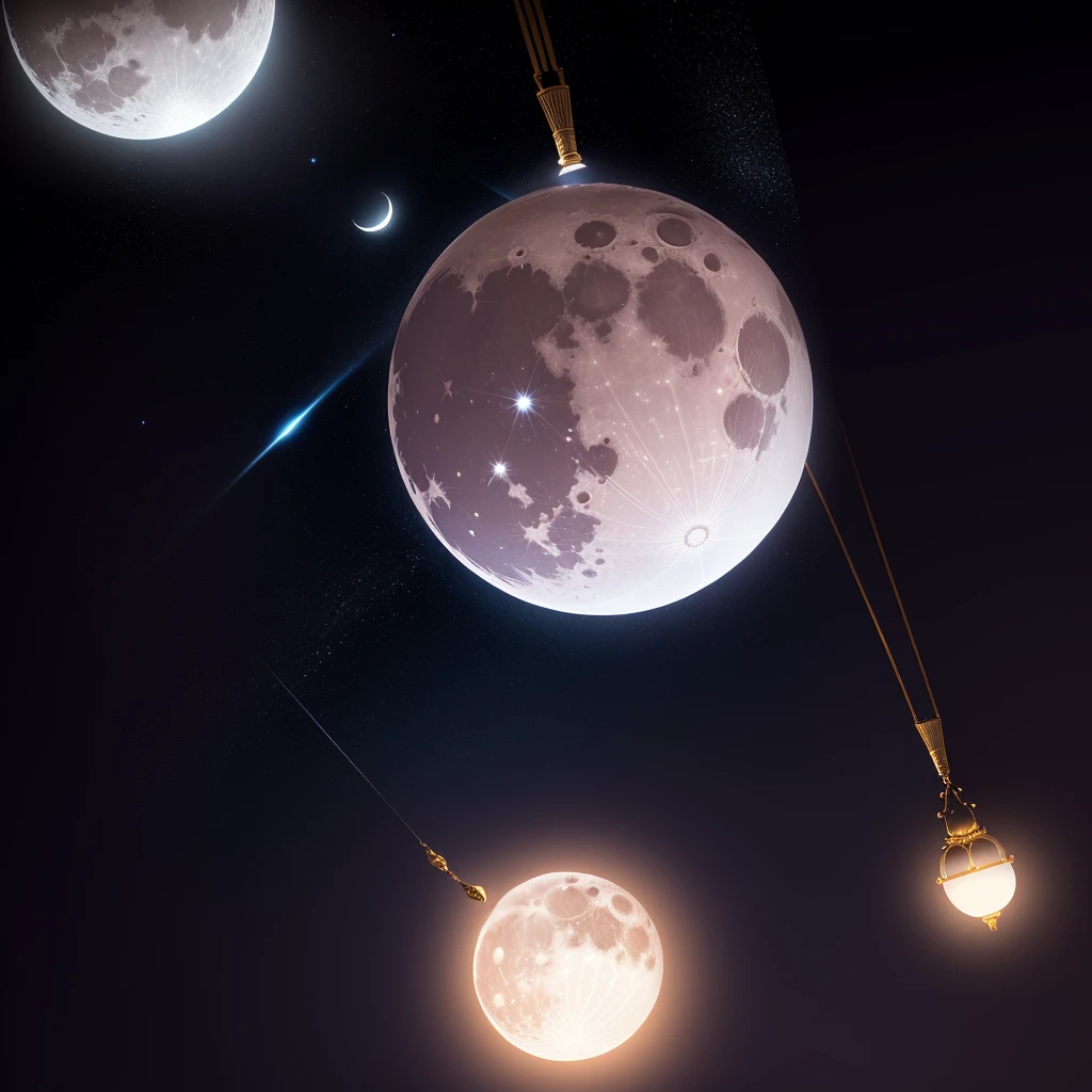 there is a white Light hanging from a ceiling with stars, Lunar光, Light, float under moon Light at night, Beautifully illuminated, Shining crescent, beautiful moon Light, beautiful and smooth soft Light, Beautiful and elegant, two moons Lighting, Bright Moon, Lunar, moon Light, good quality Lighting, high quality Lighting, favorite, ✨🕌🌙, CR3's