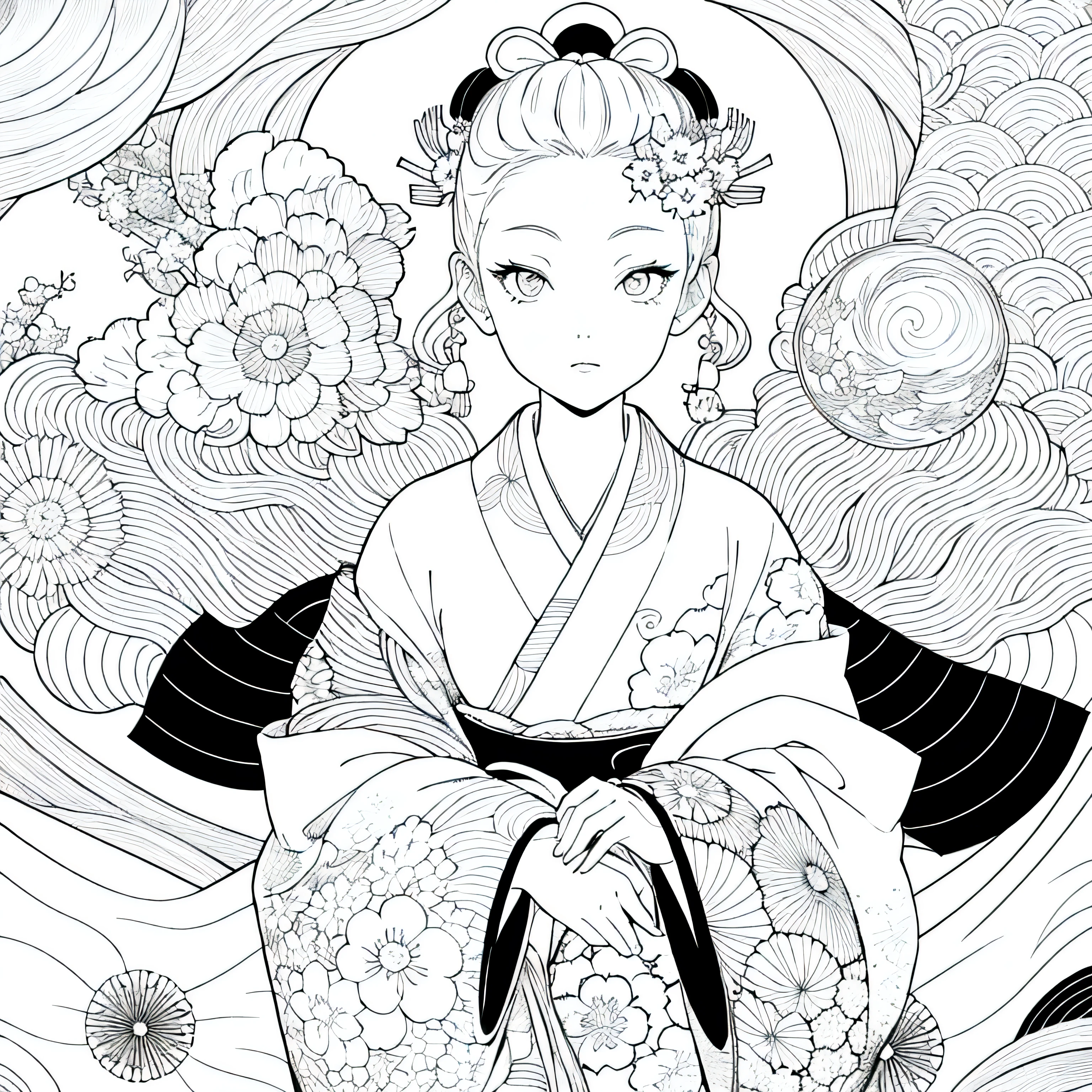 Create images inspired by the beauty of Japanese Ukiyo-e, With delicate lines, Focus on patterns and composition. kimono white,kaleidoscope background,Black and White
