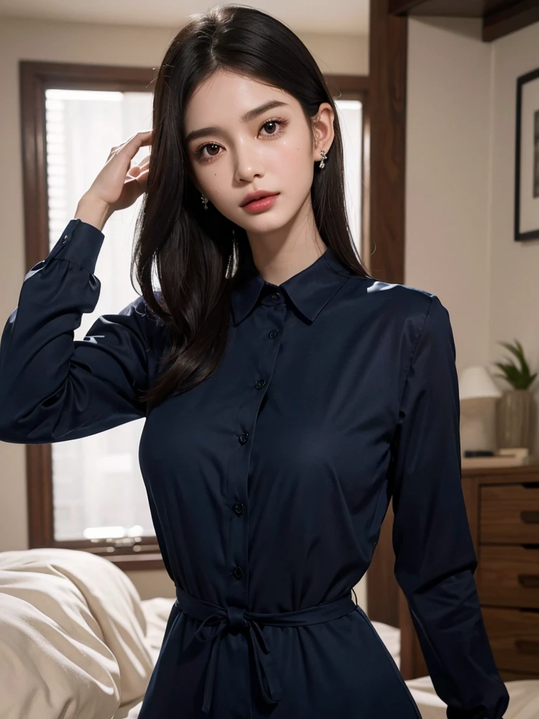 absurdres, RAW photo, extremely delicate and beautiful, masterpiece, Best Quality, ultra high resolution, 32k, hyperrealistic, ultra-detailed, (perfect ???????:1.2), (anatomically correct:1.2), perfect figure, Perfect Style, Perfect balance, super Detailed skin, in her 20s, very Slim body, narrow waist, very small head, very small face, delicate facial features, handsome detailed woman, very detailed eyes and face, realistic face proportions, Realistic beautiful face, Realistic beautiful eyes, tearful mole, earring, (very huge round breasts), whole body shot, whole legs, medium hair, asymmetrical hair, indoor, navy collared shirt dress,