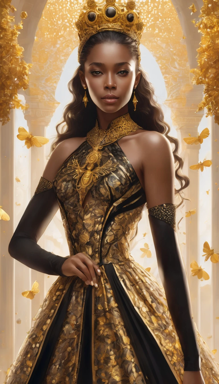 Create an illustration of a stunning woman embodying the essence of a queen bee. She stands confidently in a regal pose, her sleek, form-fitting golden dress shimmering with intricate black patterns reminiscent of a bee's stripes. Her crown is an elaborate masterpiece of gold and black, adorned with delicate honeycomb designs and tiny jeweled bees. Her long, flowing hair cascades down her back, with subtle golden highlights that catch the light. She exudes an aura of power and allure, with piercing eyes and a captivating smile. Around her, a soft, warm glow enhances her royal presence, and in the background, a majestic hive palace made of golden honeycombs can be seen, adding to the regal ambiance