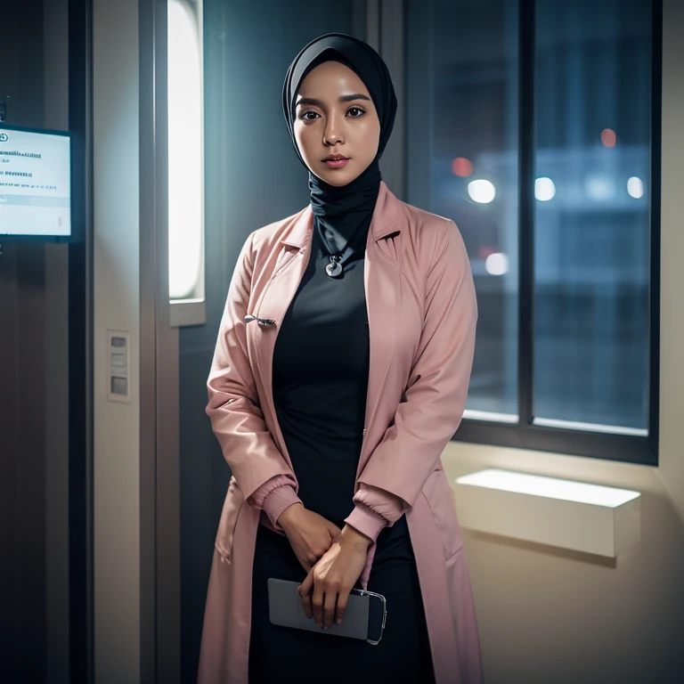 30 years Old, Hijab Indonesian mature woman, Gigantic breast, (((Tight doctor Coat))), (((at doctor office))), Dark light, at Nighttime,Depth of field, Professional work photoghraphy.