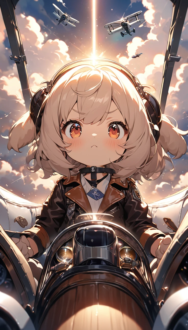 Highest quality, Highest quality, 16K, software, Unbelievably absurd, Very detailed, delicate and dynamic, Natural light, The particles reflect light beautifully, Diffuse reflection of light, Vortex of Light, Aerial, biplane, cumulonimbus, , Create amazing image effects, Body close-up, biplane, (Cute Puppy,,,Serious,, Biplane pilot, Leather jacket,, Sit in the cockpit, Puppy pilots biplane)