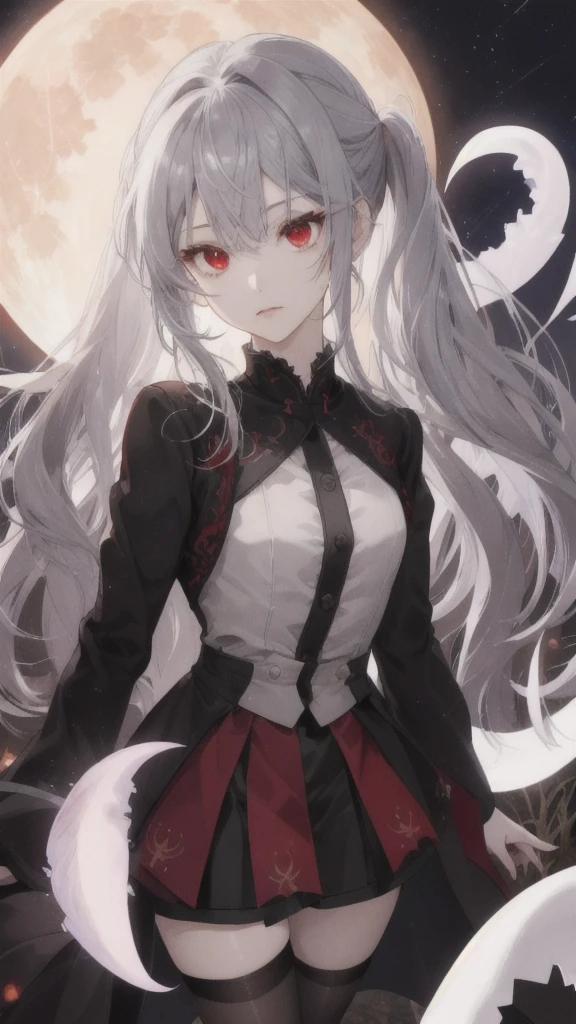 (Highest quality,Very detailed,High resolution:1.2),One Girl,Gray Hair,The most beautiful girl in human history,暗い red eyes (暗いred eyes:1.1),暗い aura(aura:1.1),(mysterious,Ghostly:1.1) atmosphere,Looks like half a demon,(Demonic traits,Devilish Features),(Elaborate,Brilliant) ,Small Ass、Long, slender legs、Black Stockings,Knee-length skirt、,Black long coat、A big full moon shines in the dark night sky,Slightly cross-eyed、Sad eyes、Confused face

