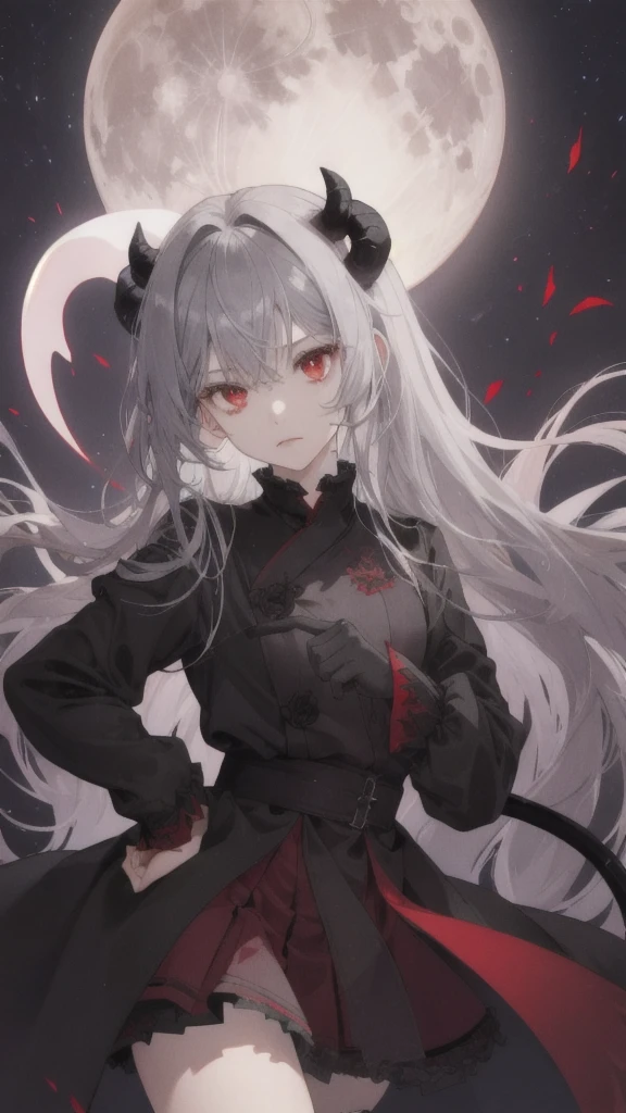 (Highest quality,Very detailed,High resolution:1.2),One Girl,Gray Hair,The most beautiful girl in human history,暗い red eyes (暗いred eyes:1.1),暗い aura(aura:1.1),(mysterious,Ghostly:1.1) atmosphere,Looks like half a demon,(Demonic traits,Devilish Features),(Elaborate,Brilliant) ,Small Ass、Long, slender legs、Black Stockings,Knee-length skirt、,Black long coat、A big full moon shines in the dark night sky,Slightly cross-eyed、Sad eyes、Confused face

