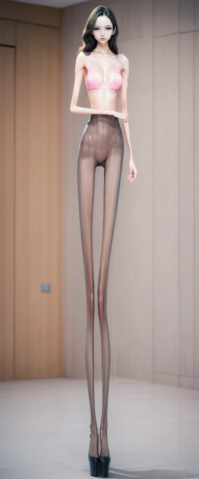 Very Very thin anorexia long elongated body. Very thin, Unrealistic long and slender legs in pantyhose,The upper body is only wearing a beautiful pink bra,Overall posture from head to toe. Very beautiful cute real face.