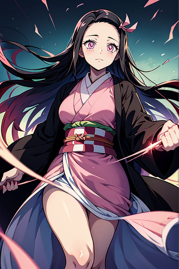 Anime,Nezuko Kamado,Demon Slayers series,Anime series , wide four head,pink pupils,pink kimono with green and black belt, long black hairs, mature body, mature women, demon form