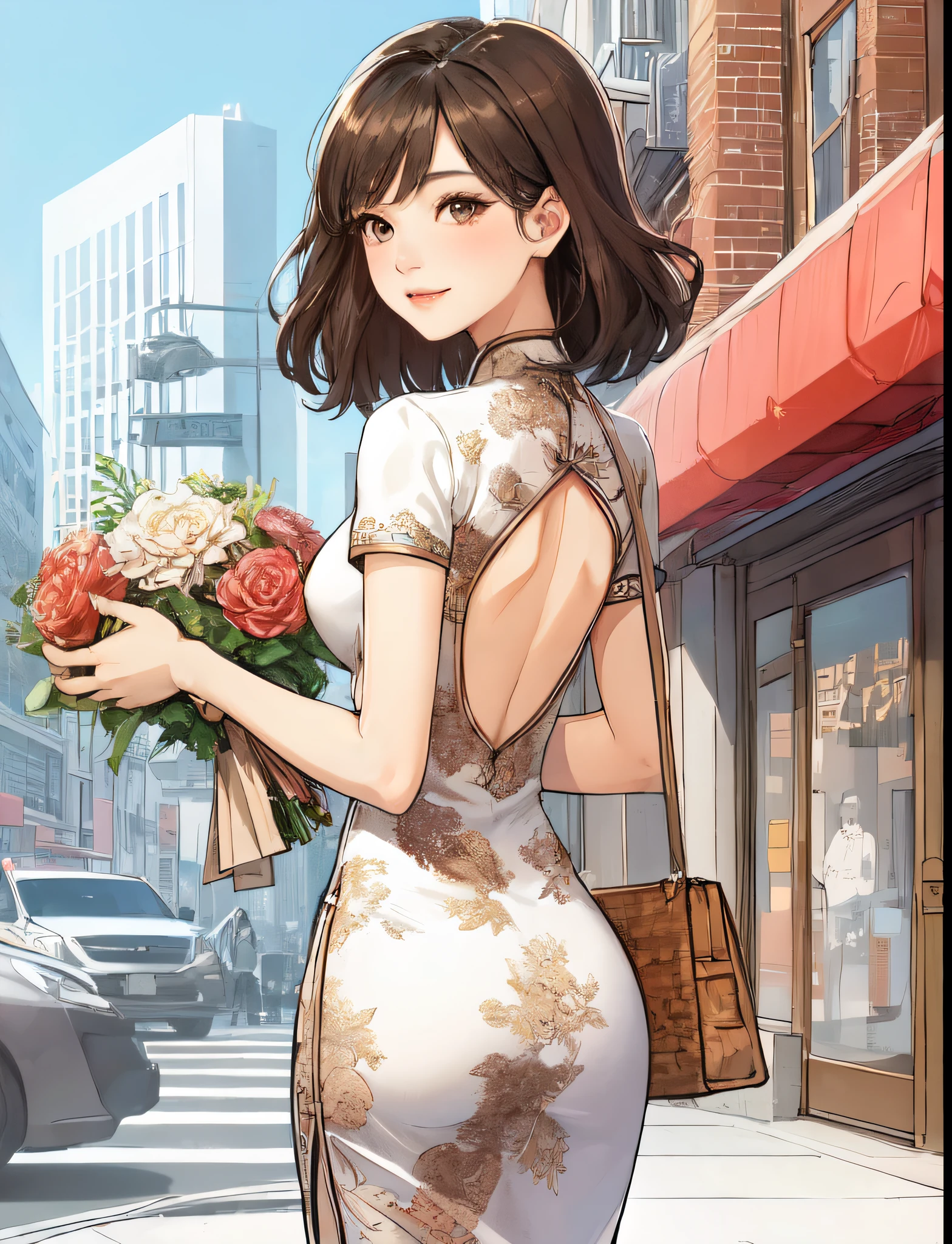 1lady solo, (looking back) (from behind), (strolling through city), (white cheongsam) stylish, mature female, /(dark brown hair/) bangs, blush light smile, (masterpiece best quality:1.2) delicate illustration ultra-detailed, large breasts BREAK (holding a designer's bag) (holding bouquet) BREAK (luxurious downtown street) outdoors, noon, crowded, detailed background