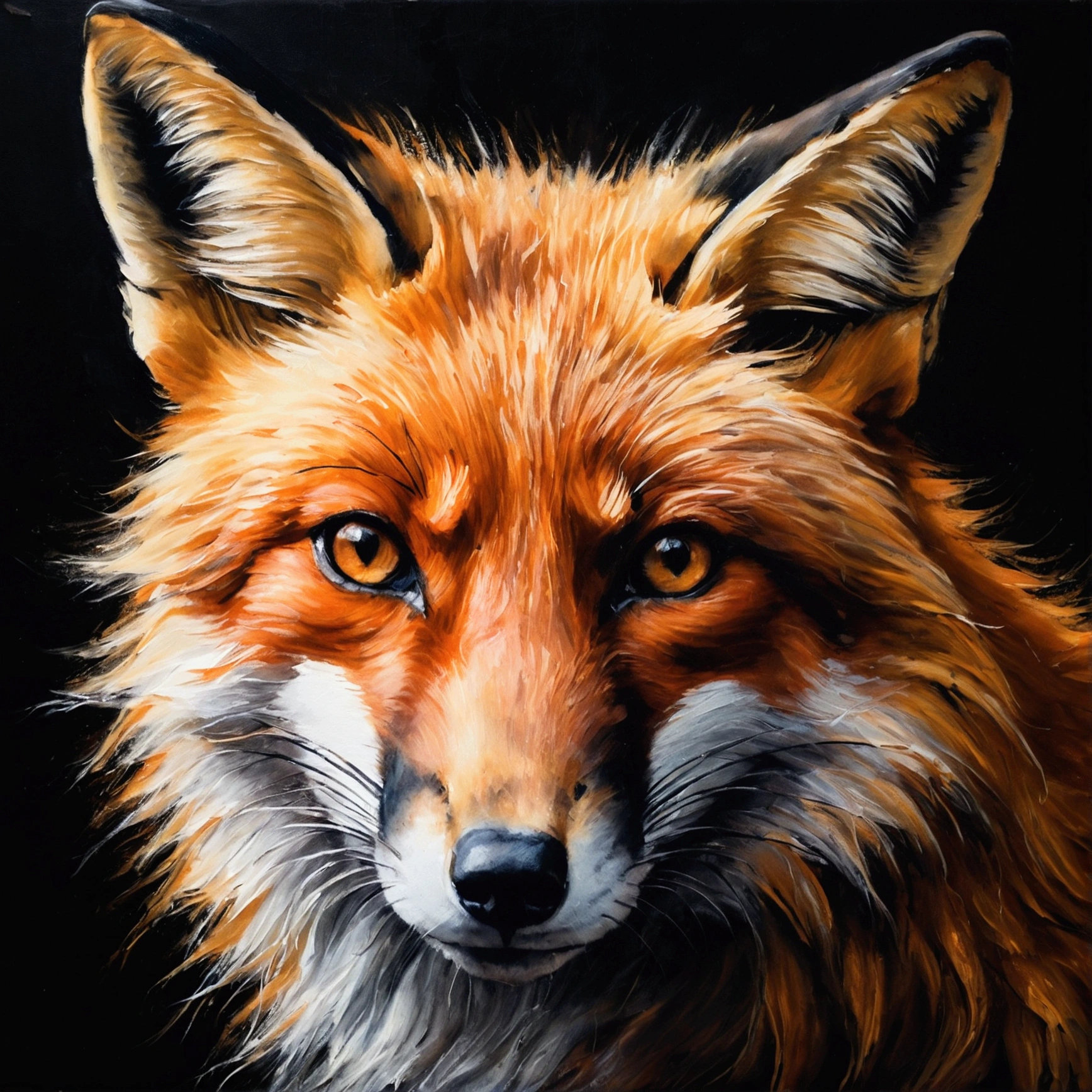 close-up fox shrouded in darkness, oil paint on old canvas, dramatic lighting