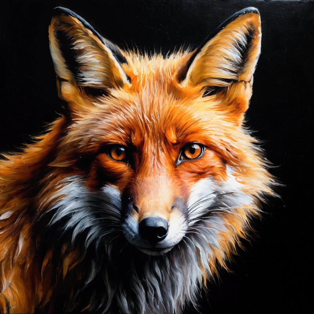 close-up fox shrouded in darkness, oil paint on old canvas, dramatic lighting