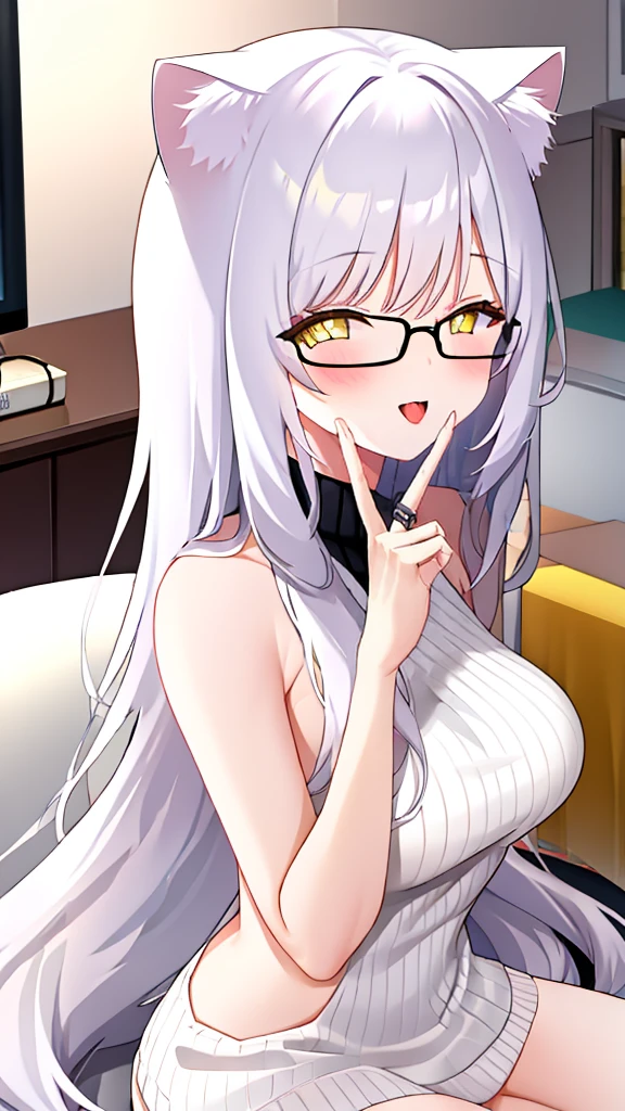 A 20-year-old female angel with long hair, white hair, yellow eyes, cat ears, breasts, and white angel wings. A glowing yellow halo ring overhead. Wear round glasses (White halter turtleneck sweater, white purekiller sweater, sleeveless, sexy backless sweater, white dress) white arm warmers Open mouth, stick out tongue, living room, sit on sofa