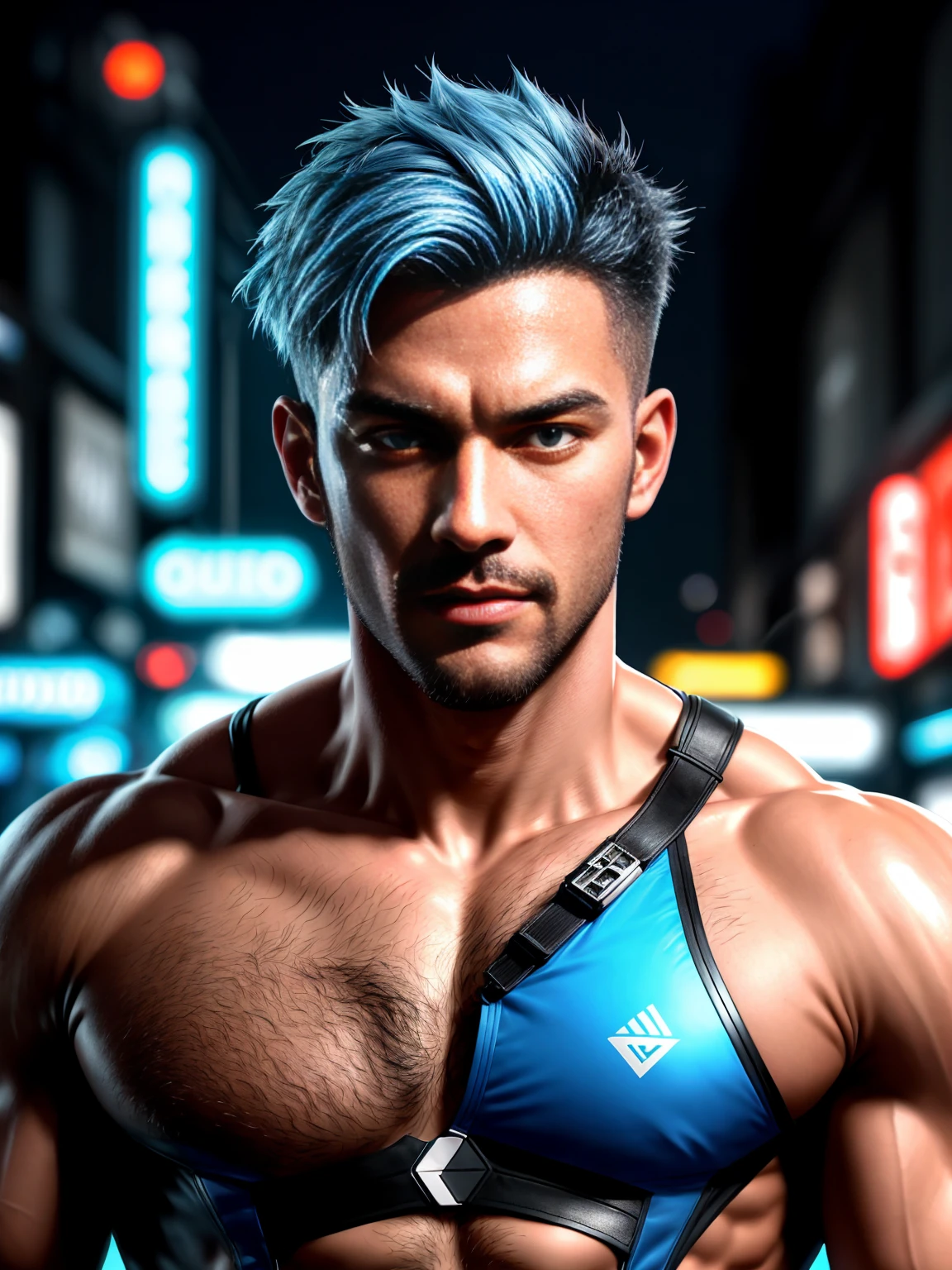 Ultra wide angle,masterpiece, best quality, high resolution, Portraits,blue eyes, male focus, solo focus, muscular, burly, hairy, male, (no shirt: 1.2), A handsome man, white and blue gradient hair, in a cyberpunk city, neon lights, blurred background, scruffy face, arrogant smirk, amazing composition, front view, HDR, volumetric lighting, ultra quality, elegant, highly detailed