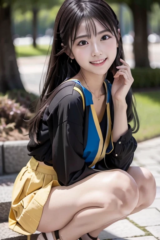 (8k, photorealistic, top quality, high definition, the best masterpiece, raw photo, bright lighting, face light, smooth professional lighting, japan girl, super cute, realistic skin, hydrated skin, perfect model body type, balance carefully, bright laugh showing teeth, childish face, 15 years old, small breasts, camera gaze, big eyes, symmetrical eyes), upper body Images, upper body close-up, front pose, (fashion (black blouse, cute yellow, blue skirt))