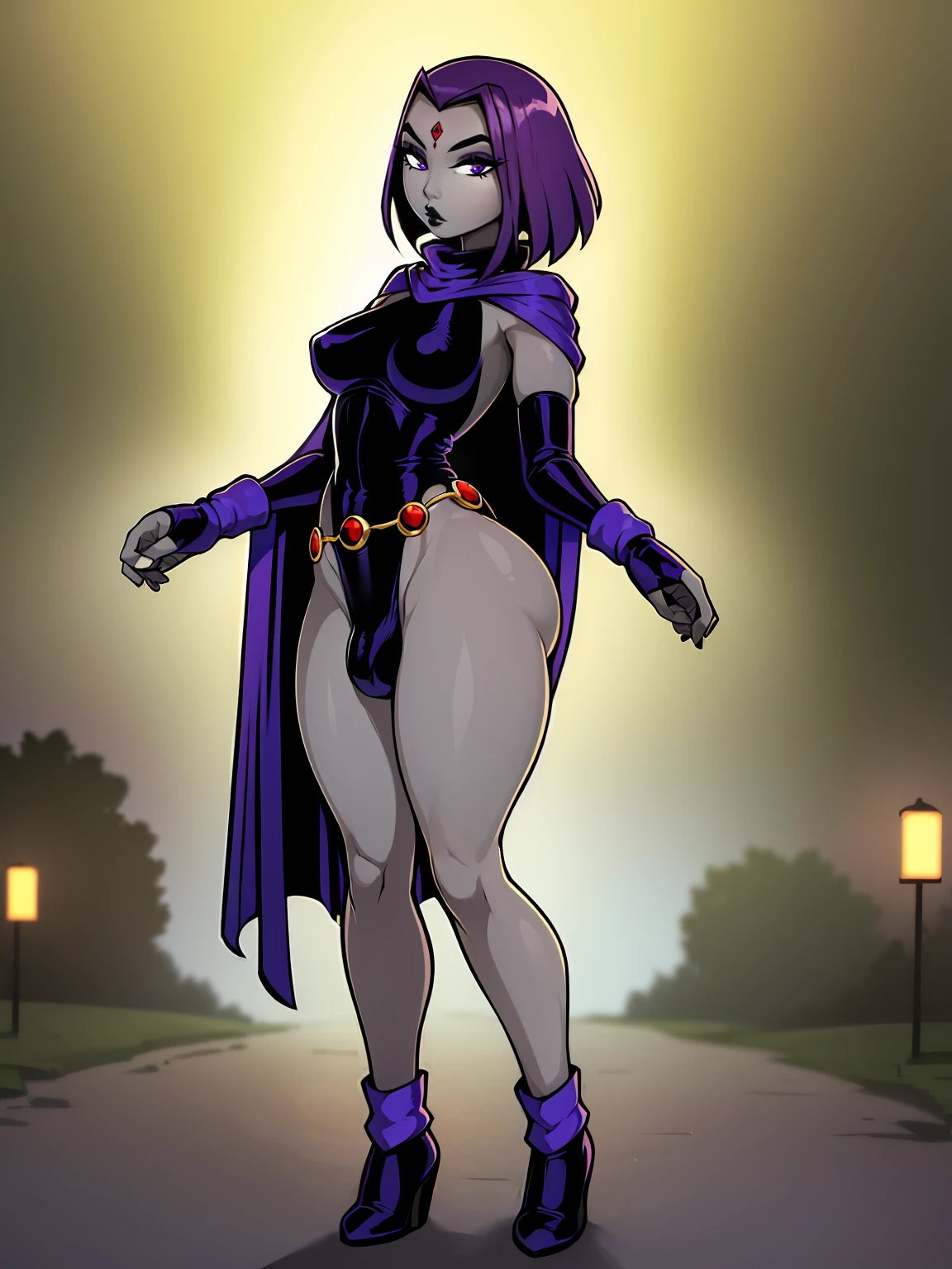 (solo:1.1),(masterpiece), (best quality:1.3), ultra detailed, intricate, (nice hands:1.4), professional art, digital art, absurdres, shadraven, (Full body view:1.1), 1girl, solo, (grey skin:1.4), dark purple hair, bob hair, purple eyes, hips wider than shoulders, pear shaped body, jewellery, detailed thighs, thick thighs, red jewel in forehead, jewels, (long sleeved turtleneck leotard:1.3), cuffs, small breasts, (shadraven cloak), (Shadraven broach:1.2), Shadraven jewel belt, Shadraven wearing a long sleeved leotard outside at night, long legs, ( long crotch bulge:1.4), large penis, large testicles, side view, looking at viewer, bubble butt , gluteal crease, universal lighting,,