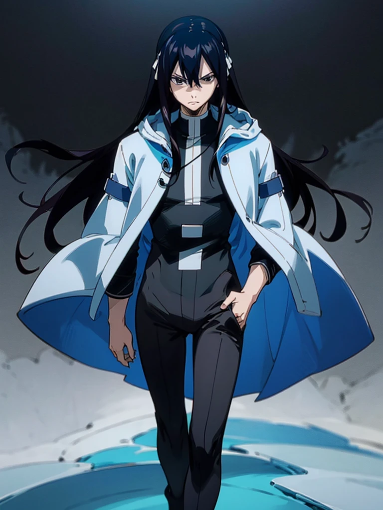 The image features an anime character with long black hair highlighted with blue. The character has a serious and calm expression, with large, clear black eyes. They are wearing a white coat over a high-collared black shirt. The background of the image is black
