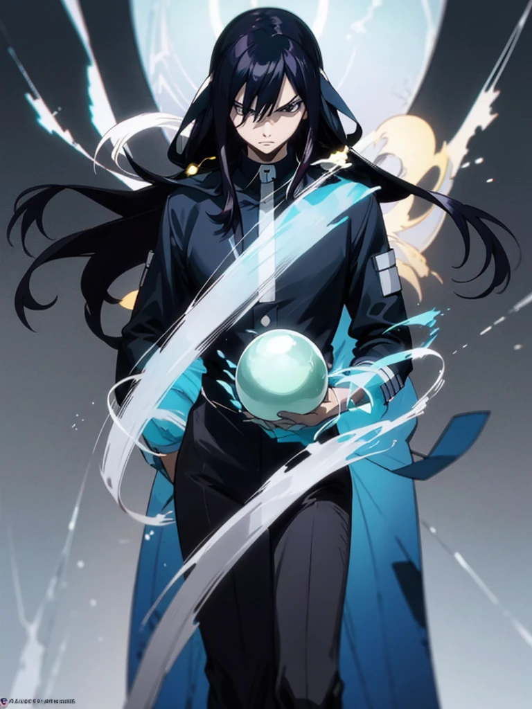 The image features an anime character with long black hair highlighted with blue. The character has a serious and calm expression, with large, clear black eyes. They are wearing a white coat over a high-collared black shirt. The background of the image is black