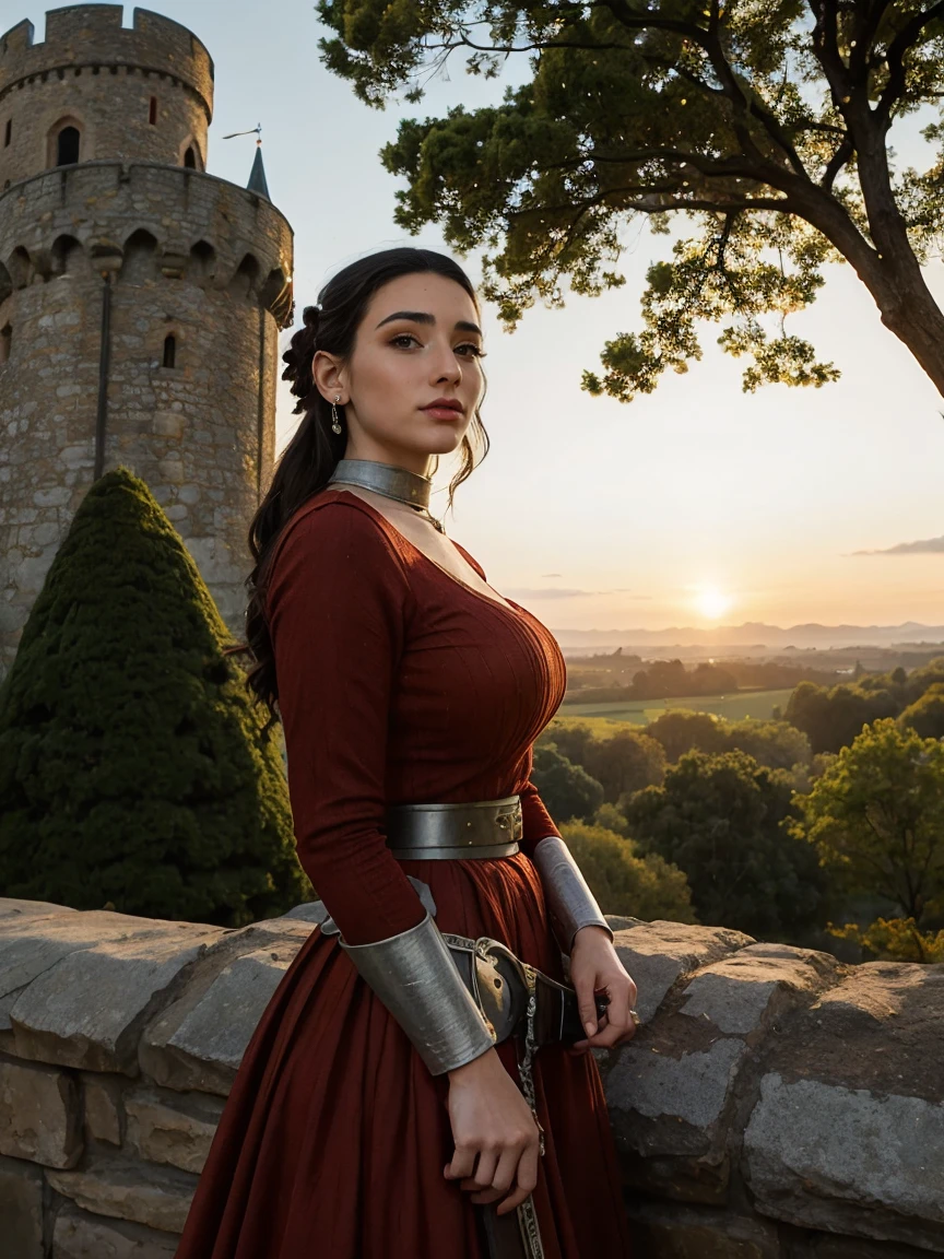 Beautiful and regal, imperious and aloof, busty athletic (thin) brunette queen with sharp facial features, crown braid, wearing a dark red medieval dress, long sleeves, intricate patterns, embroidery, wide neck, crown, veil, long dress, tight bodice, (silver waist chain), medieval jewelry, Middle Ages, castle, rampart, wall, exterior, on top of a castle wall, trees, countryside, evening, sunset.