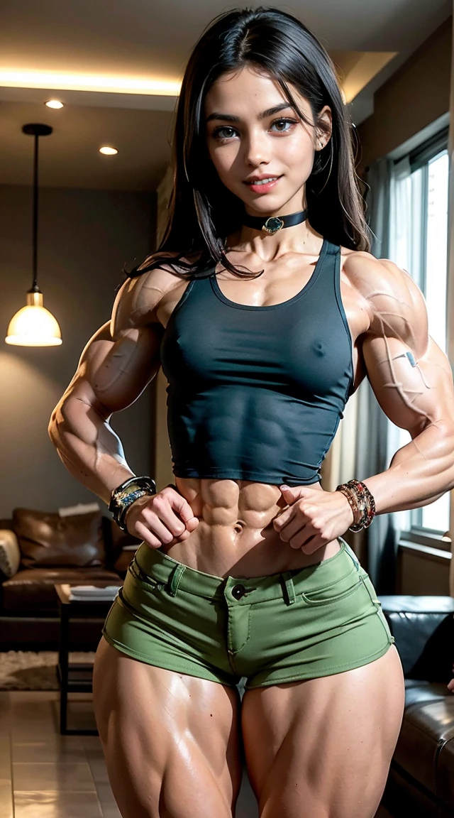 (Muscular:2.3), (thick thighs:2),
(black haired latina, pale skin, long hair, blue eyes:1.5), beauty mark, freckles,
detailed eyes, (big smile:1.6), detailed skin,
(small breasts:1.5), (hard nipples),
(choker, green shirt, khaki shorts, bracelet, plunging neckline:1.5),
(upper body view:1.5), (looking at viewer:1.3), (three quarter view:1.4), (from above:1.2), (standing),
highrise livingroom at night, rim lighting, two tone lighting, dimly lit