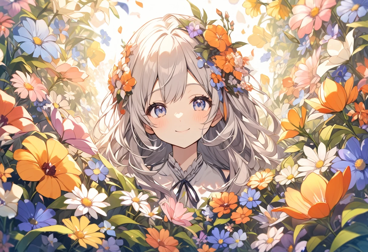 high resolution、null、Surrounded by flowers,One girl,Upper Body,smile,I&#39;m laughing so hard my eyes are closing,A big smile,Black Hair,long,Shiny Hair, hand to own mouth