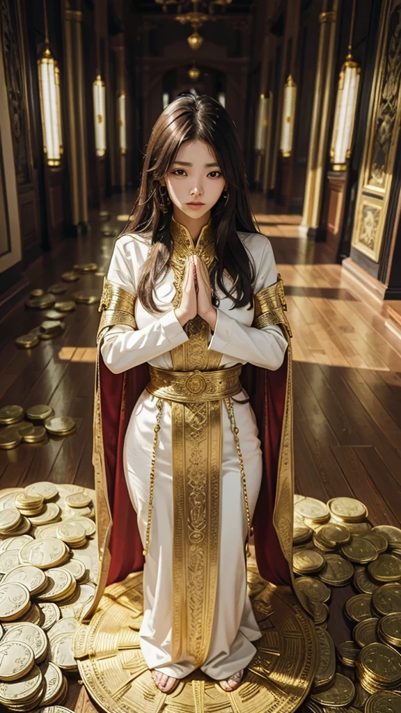 woman standing upright standing alone Make a prayer pose on your chest. All around were piles of money and gold. 