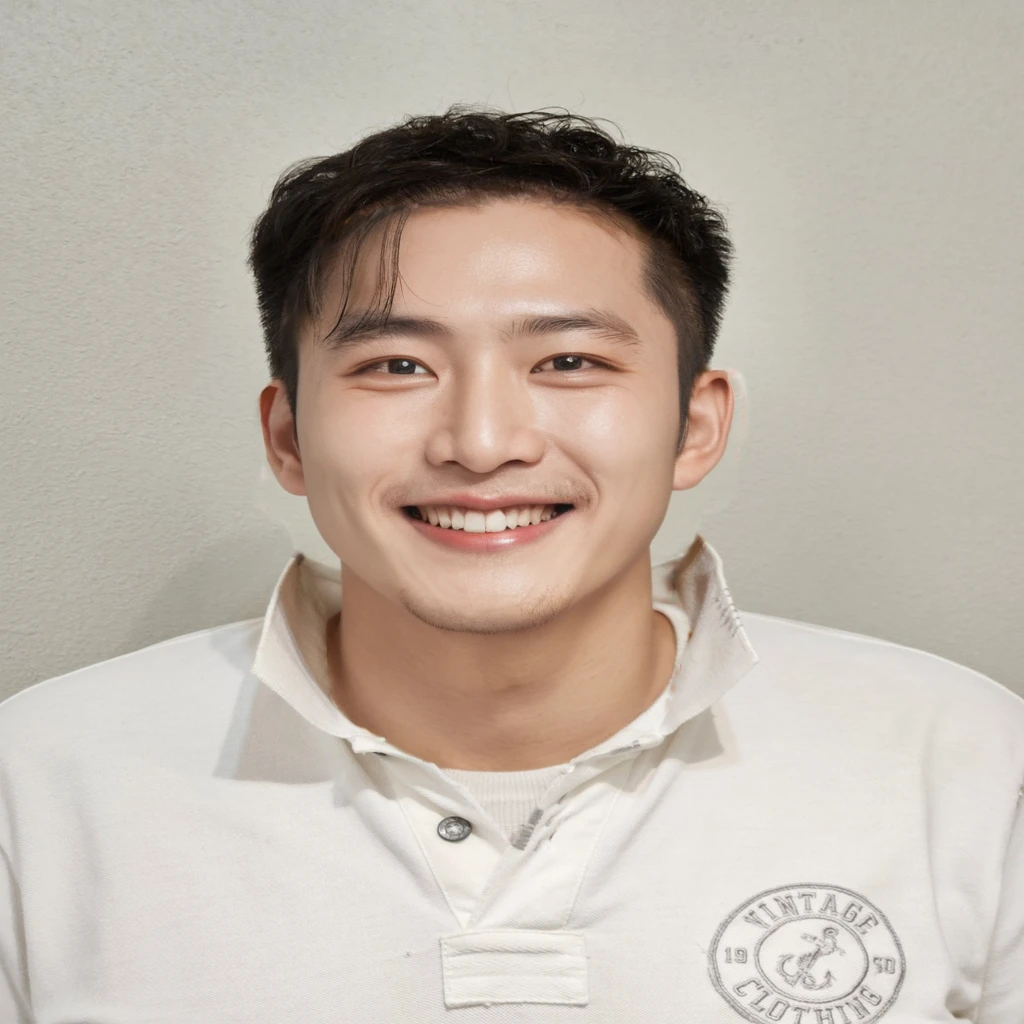 Best Quality, 8k, Masterpiece, (Portrait: 1.3), (photo realistic:1.4), (hyper realistic:1.4), Sharp Focus, looking at viewer, (smoother lighting:1.1), (increase cinematic lighting quality:0.9), realistic lighting, backlighting, light on face, ray trace, (brightening light:1.2), (Increase quality:1.4), sharp detail, (best quality real texture skin:1.4), finely detailed eyes, black_eyes, finely detailed face, 25 year old Korean man,smiling_face