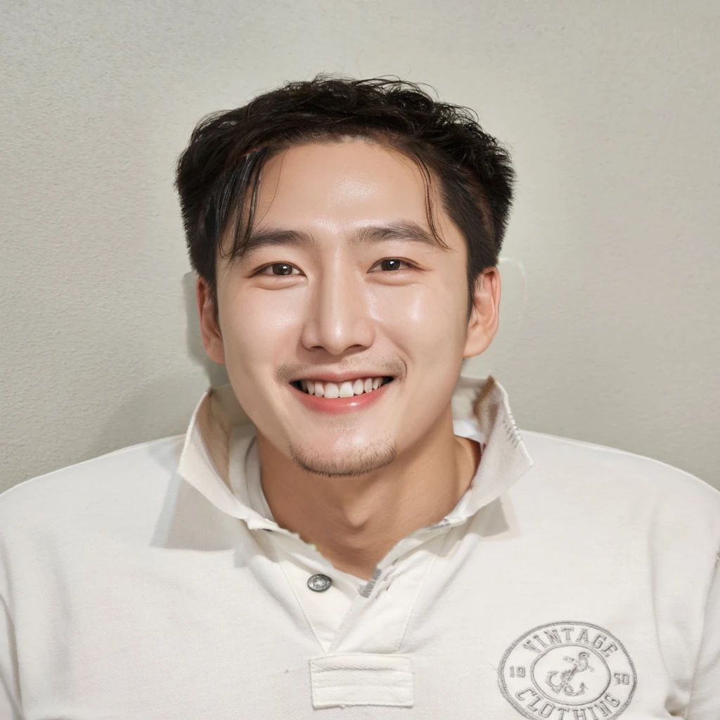 Best Quality, 8k, Masterpiece, (Portrait: 1.3), (photo realistic:1.4), (hyper realistic:1.4), Sharp Focus, looking at viewer, (smoother lighting:1.1), (increase cinematic lighting quality:0.9), realistic lighting, backlighting, light on face, ray trace, (brightening light:1.2), (Increase quality:1.4), sharp detail, (best quality real texture skin:1.4), finely detailed eyes, black_eyes, finely detailed face, 25 year old Korean man,smiling_face