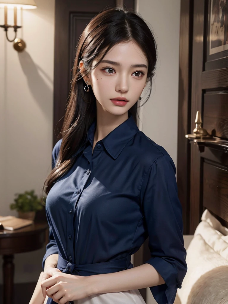 absurdres, RAW photo, extremely delicate and beautiful, masterpiece, Best Quality, ultra high resolution, 32k, hyperrealistic, ultra-detailed, perfect anatomy, anatomically correct, perfect figure, Perfect Style, Perfect balance, super Detailed skin, in her 30s, very Slim body, narrow waist, very small head, very small face, delicate facial features, handsome detailed woman, very detailed eyes and face, realistic face proportions, Realistic beautiful face, Realistic beautiful eyes, tearful mole, earring, huge round tits, (full body shot:1.2), whole legs, medium hair, dark blonde hair, asymmetrical hair, indoor, (collared navy button shirt dress, sleeveless:1.2),
