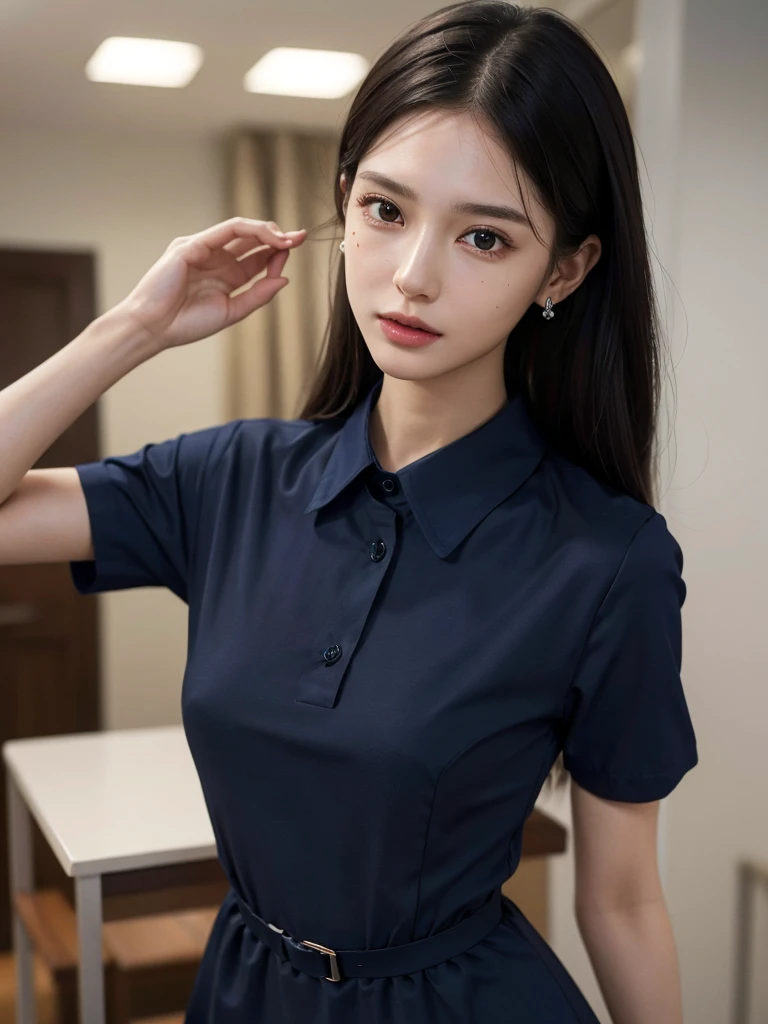 absurdres, RAW photo, extremely delicate and beautiful, masterpiece, Best Quality, ultra high resolution, 32k, hyperrealistic, ultra-detailed, (perfect anatomy:1.2), (anatomically correct:1.2), perfect figure, Perfect Style, Perfect balance, super Detailed skin, in her 20s, very Slim body, narrow waist, very small head, very small face, delicate facial features, handsome detailed woman, very detailed eyes and face, realistic face proportions, Realistic beautiful face, Realistic beautiful eyes, tearful mole, earring, huge breasts, whole body shot, whole legs, medium hair, asymmetrical hair, indoor, (navy collared shirt dress:1.2),