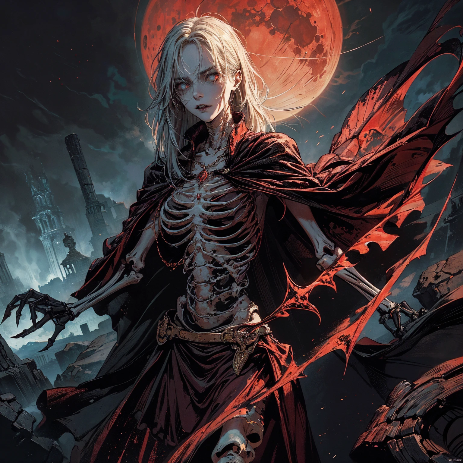 best quality, 4K, high resolution, masterpiece:1.2, Very detailed, actual:1.37, Mood lighting, Female undead lich in a long cape, Half face is normal flesh but another half face is skull, Hand and arm has no flesh but only skeleton bones, Wearing a ragged gothic skirt, Aloofness emotion, Dangerous sneer, Beautiful but cruel smile, Black Hair, Standing, Facing the camera, Crucified, Pitch black sky, Blood-red moon, strange atmosphere, Gothic style, Unforgettable beauty, Dramatic shadows, Ethereal Light, Mysterious atmosphere.