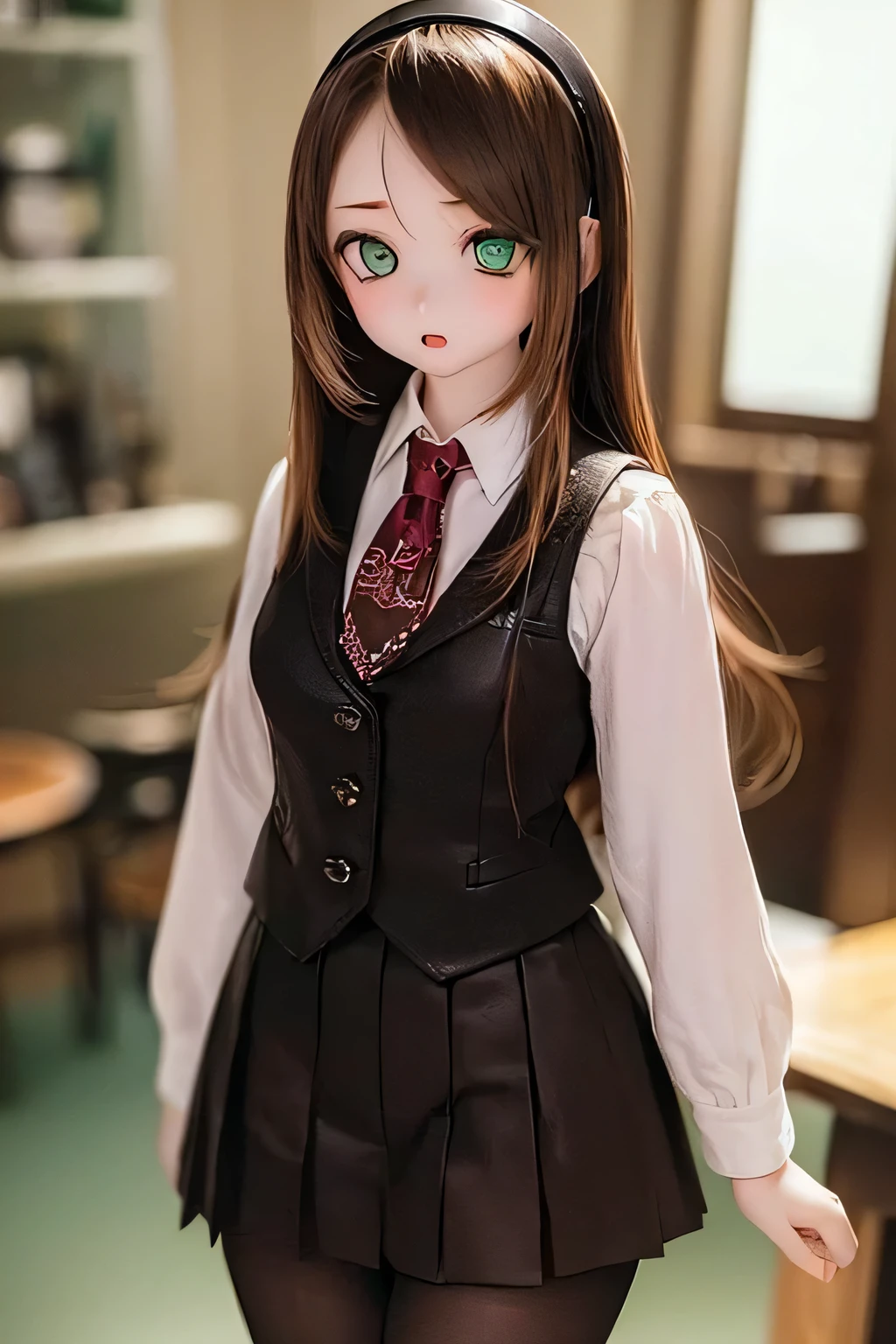 (SFW:2), photorealistic, realistic photo, 8k, ((highest quality)), ((masterpiece)), (extremely detailed), kukolnydom, doll, (mature woman, 22yo, 22 years old, solo:1.6), ((cowboy shot, dynamic pose, slim, slender, skinny, medium breasts, hairband, ascot, vest, blouse, long puff sleeves, pleated skirt, black pantyhose)), (green eyes, brown hair, long hair, plastic skin, looking at another, glass eyes, gradient eyes, shining eyes, detailed eyes:1.3)