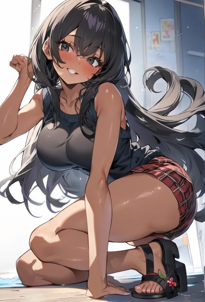 (anime style),masterpiece, best quality, extremely detailed,18Year old,tanned skin,dark skin, Beautiful tall body,,Large breasts,BREAK,multicolored colorful black hair,flipped long hair,for head,BREAK,black eyes,best smile,open mouth,detailed lips,BREAK,cotton black big ribbon,BREAK,oversized school sweater、tartan check Skirt,glossy tight shorts,sandals,childish pose,break,head tilt,school zone