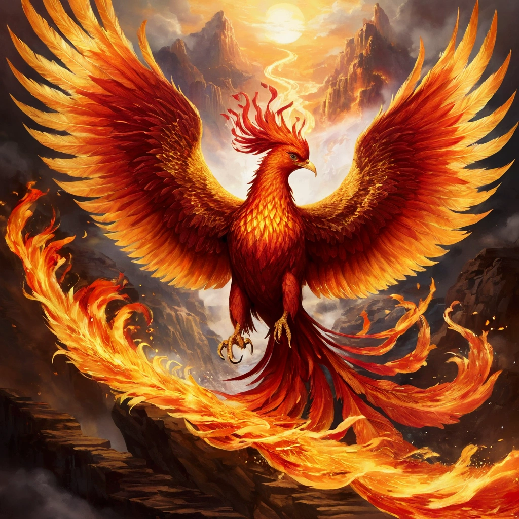Phoenix，Raising immortals，water ink，High Hill，Confident，Fairy Wind Path，Background blood flow，Golden flaming phoenix badge, Bright, Majestic, All attention was focused on the details of the Phoenix burning, Great atmosphere，Rich gold and red color palette,