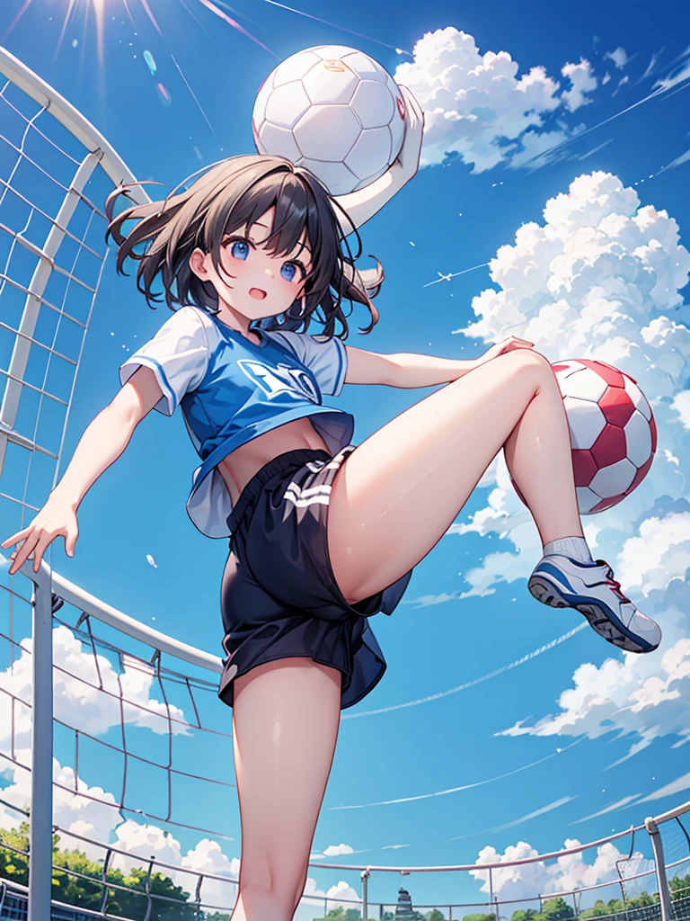 Summer Entrance Cloud、Kicking a soccer ball in a park under a bright blue sky