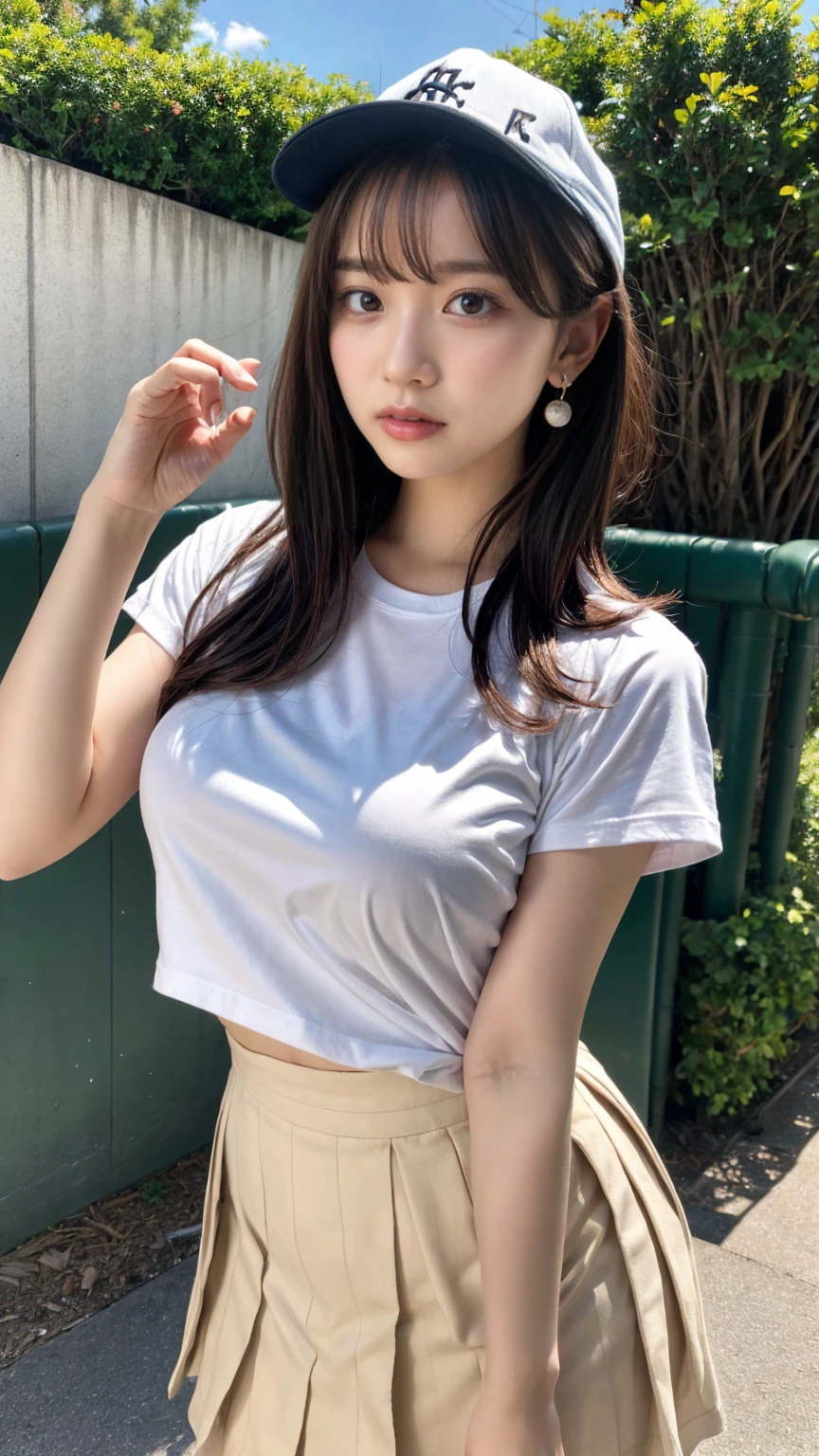 masterpiece, best quality, illustration, Super detailed, fine details, High resolution, 8K,wall paper, perfect dynamic composition,(Details High quality, realistic depiction of eyes:1.3), baseball cap, earrings, (white t-shirt), (black pleated skirt), short bob hair, black hair color, Big Natural Color Lip, sexy pose, (perfect body shape), crying a little、cold gaze, Harajuku style、20 year old girl、cute type、lolita, hposing Gravure Idol, full body photo、focus on crotch, huge breasts