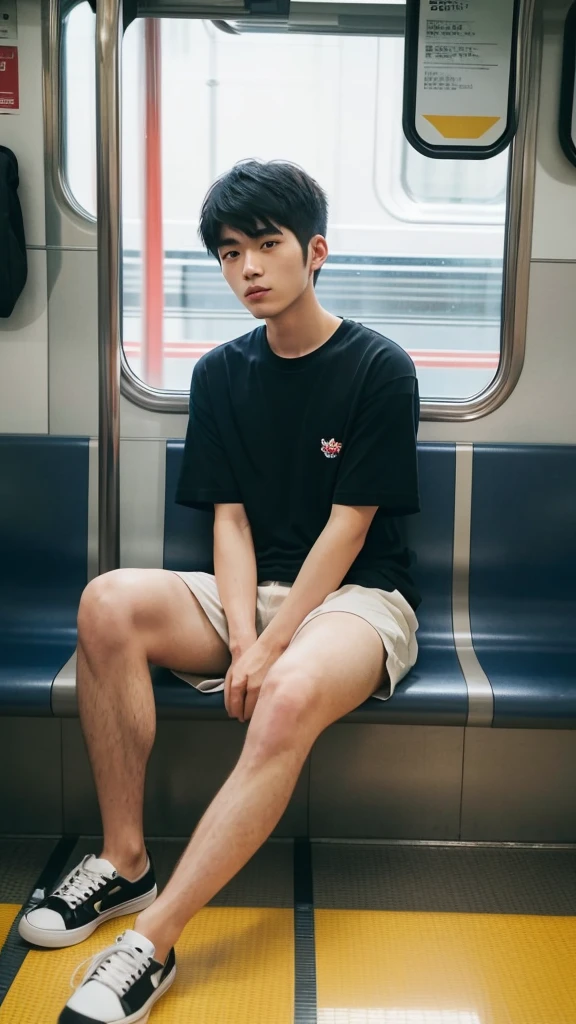 (super sharp focus), (Hairy legs), (((full body))) ,(shoot from side), Messy short hair, Japanese man, twenty years old, very short hair, Black Hair, sitting in train seat, Wearing shorts, Wearing a T-shirt,