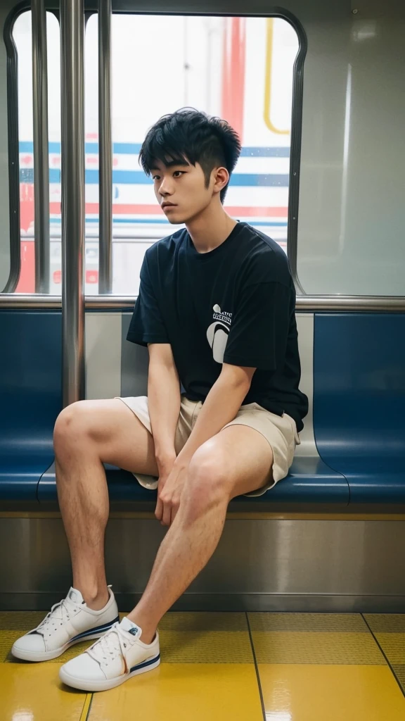 (super sharp focus), (Hairy legs), (((full body))) ,(shoot from side), Messy short hair, Japanese man, twenty years old, very short hair, Black Hair, sitting in train seat, Wearing shorts, Wearing a T-shirt,