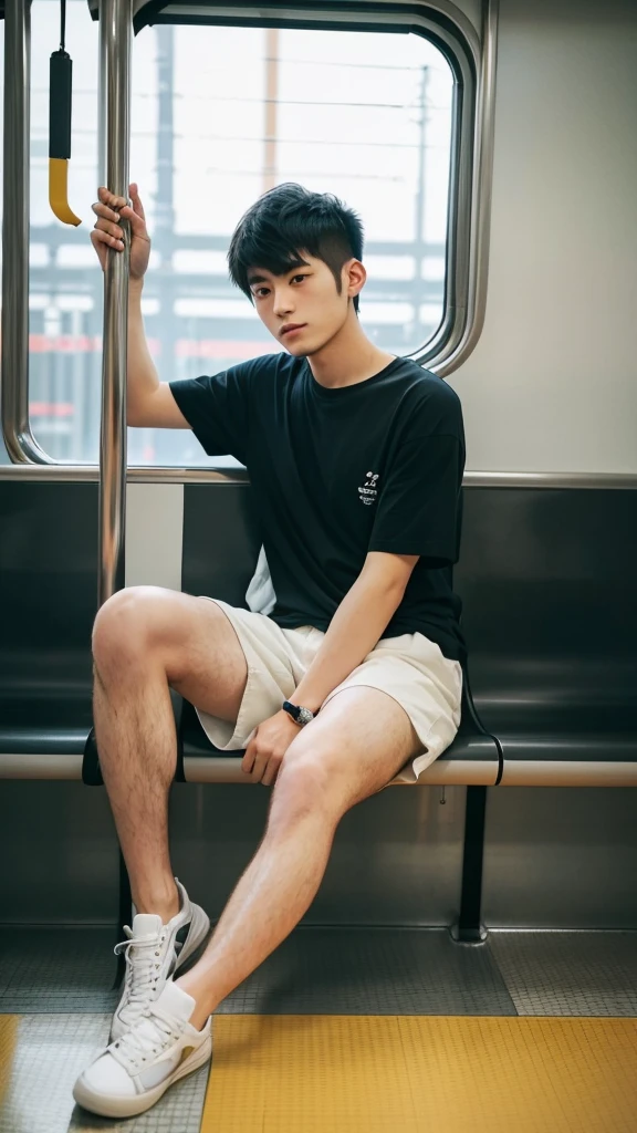 (super sharp focus), (Hairy legs), (((full body))) ,(shoot from side), Messy short hair, Japanese man, twenty years old, very short hair, Black Hair, sitting in train seat, Wearing shorts, Wearing a T-shirt,