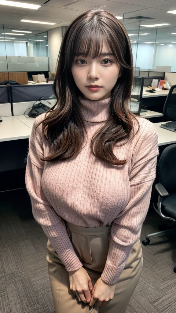 Highest quality,Very detailed,finely,High resolution,8k wallpaper,Perfect dynamic composition,office lady,whole body,Are standing,Pink knitwear,turtleneck,Hair loss,Amazing beautiful eyes,Natural Lip,(Saggy breasts:1.3