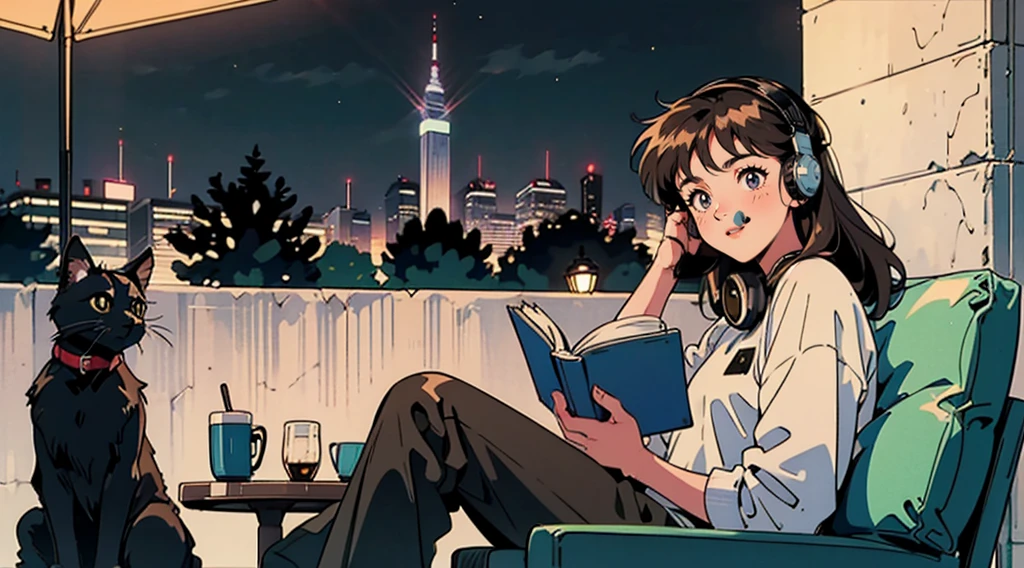 Highest quality, 8k, 1990s style,Hairstyles of the 2010s, 21 year old girl, Black Hair, Long Hair, Light brown eyes, City Pop, pants ,Night view, Wear headphones,Reading a book, whole body, Relax Coffee,table,making,look at me, Black cat