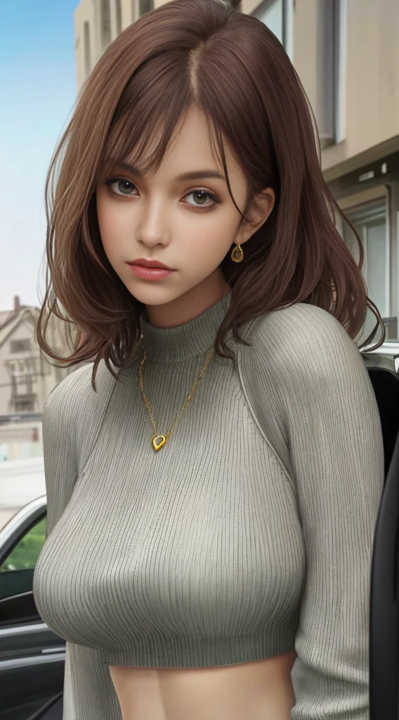 woman, Large breasts, facingviewer,fcPortrait, Cropped sweater, midriff, Sweater, 1girll, Detailed face, Suspended driveway, illustrated