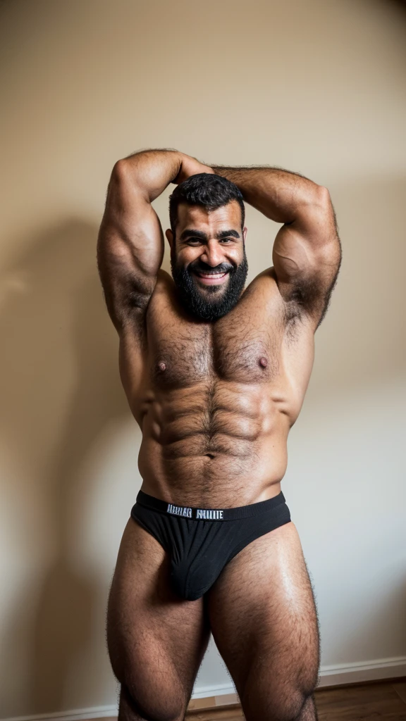Extremely muscular, very hairy, rugged Arab daddy flexing his arms ((Sweaty)) ((Hairy)) ((Thick, full, curly black body hair all over)) ((Thick, excessive chest hair)) ((Curly, full chest and torso hair)) ((Thick, full happy trail of hair all over his abs)) ((Late 40s)) ((Extremely handsome)) ((Square jaw)) ((Sweating)) ((Smiling menacingly)) ((wearing black underwear)) ((black briefs)) ((Excessive pubic hair)) ((Short, military haircut)) ((Buzz cut)) ((Homoerotic)) ((Extremely realistic)) ((Seductive glare)) ((Unibrow)) ((unibrow)) ((caveman brow bone)) ((moustache)) ((head to toe)) ((full body)) ((hairier)) ((more hair)) ((ape)) ((more body hair)) ((extreme body hair)) ((fur)) ((dad bod)) ((very tan)) ((tan)) ((middle eastern)) ((Arab)) ((black briefs)) ((underwear)) ((thick, black armpit hair)) ((clothed)) ((flexing arms)) ((flexing biceps))