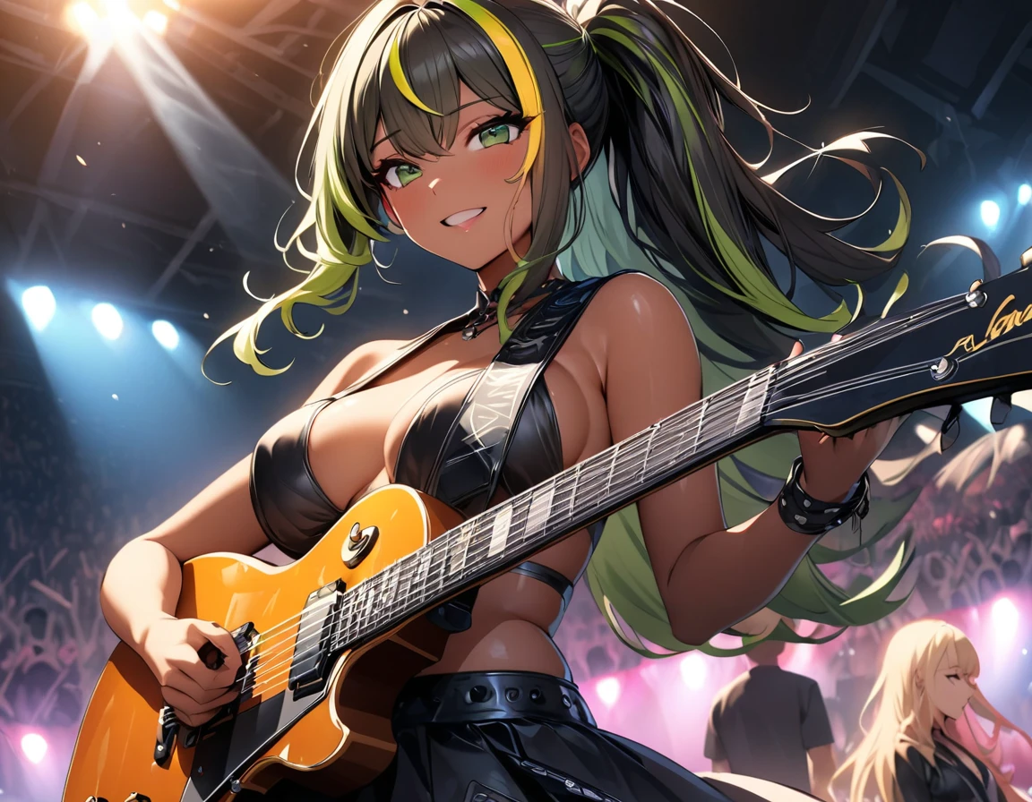 (highest quality:1.2, Very detailed, up to date, Vibrant, Ultra-high resolution, High Contrast, masterpiece:1.2, highest quality, Best aesthetics), Portraiture、girl、singer、stage、performance、Rock Music、Bright colors、Beautiful fine details、Beautiful lip detail、long hair、ponytail, white and yellow green ((streaked hair:1.6)), highlights hair: 1.5, middium breast, (tan skin:1.1), Music band、Cheerful pose、Concert Light、Edgy Style、black Skirt-style-bikini、loose fit, Dynamic Movement、hypnotic sounds、Stadium、amplifier、Loud music、Electric guiter、Gibson Les-Paul special, mike stand, Powerful vocals、Passionate performance、Sparkling stage、Concert atmosphere、Music Festival、Full of emotion、Rock star attitude、Resolute expression、Avid Fan、The presence of an attractive stage、 Expressive gestures、Rock star aura、An exciting atmosphere、Sing with all your heart、An unforgettable show, (upper body)