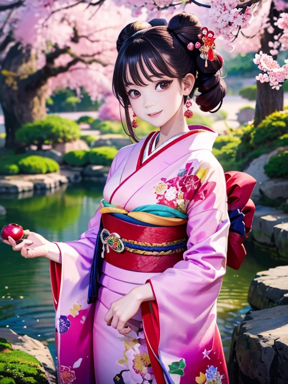 (Highest quality、 8k 、masterpiece、High resolution)、 Japanese painting、Vibrant colors、Detailed Description、A woman wearing a kimono、Dynamic painting technique,、Colorful peonies、Japanese garden、cherry blossoms、