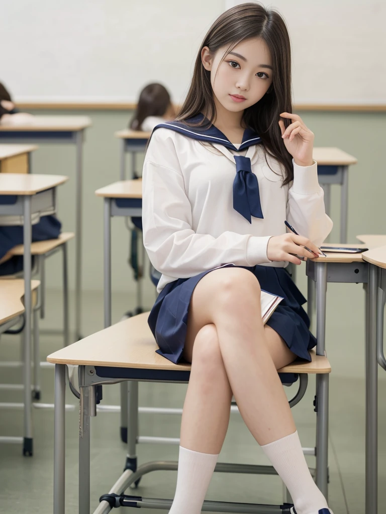 (Highest quality: 1.3), (masterpiece: 1.3), (Ultra-detailed: 1.3), (wallpaper, One Girl: 1.1)、(Detailed hands and fingers:1.2)、(Ultra-oily, lustrous skin with attention to detail:1.1)、Oily shiny knee socks、(Sailor suit:1.2)、(Blonde:1.2)、(dragon ball android18no. Hairstyle)、(Sit on:1.3)、Medium Hair、high school girl、,School classroom、(Desk and chair:1.4)、Sit on a chair、(in class:2)、 :1.3、(Pussy can be seen between the skirt)、Navy blue pleated skirt、mini skirt、(Write in a note:1.5)、cute、Angle from the front:1.5、Textbooks on the desk、((I can see your feet)), ((I can see your thighs under the desk))、high school girl1人、Slender Body、